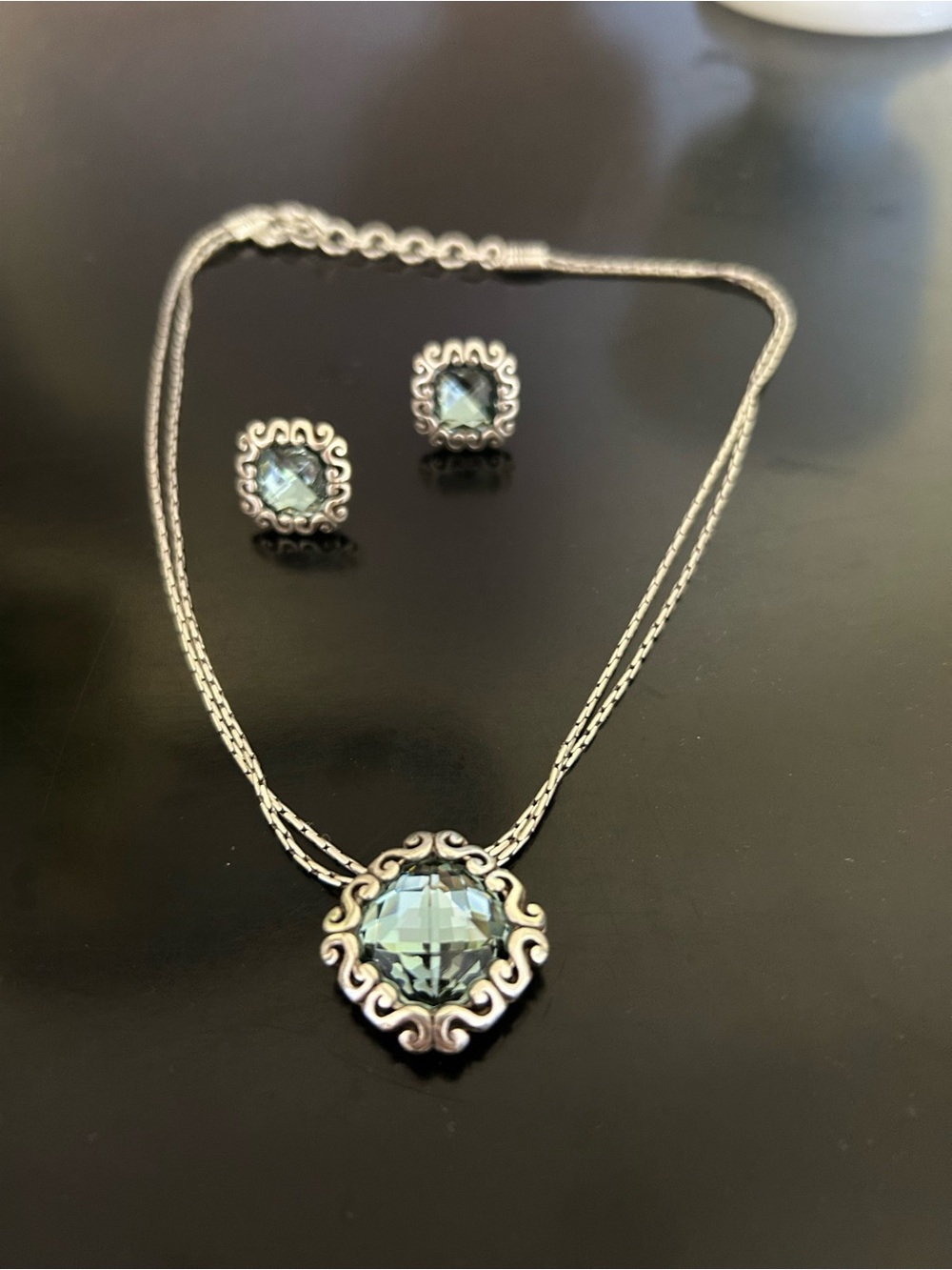 Brighton Silver Aquamarine Blue Regina Necklace Earring Set with Box